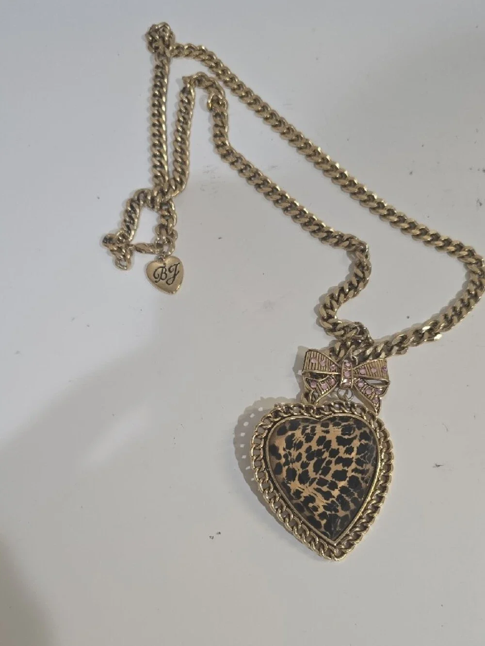 Betsey Johnson Gold-Tone Heart Necklace with Leopard Print and Pink Bow